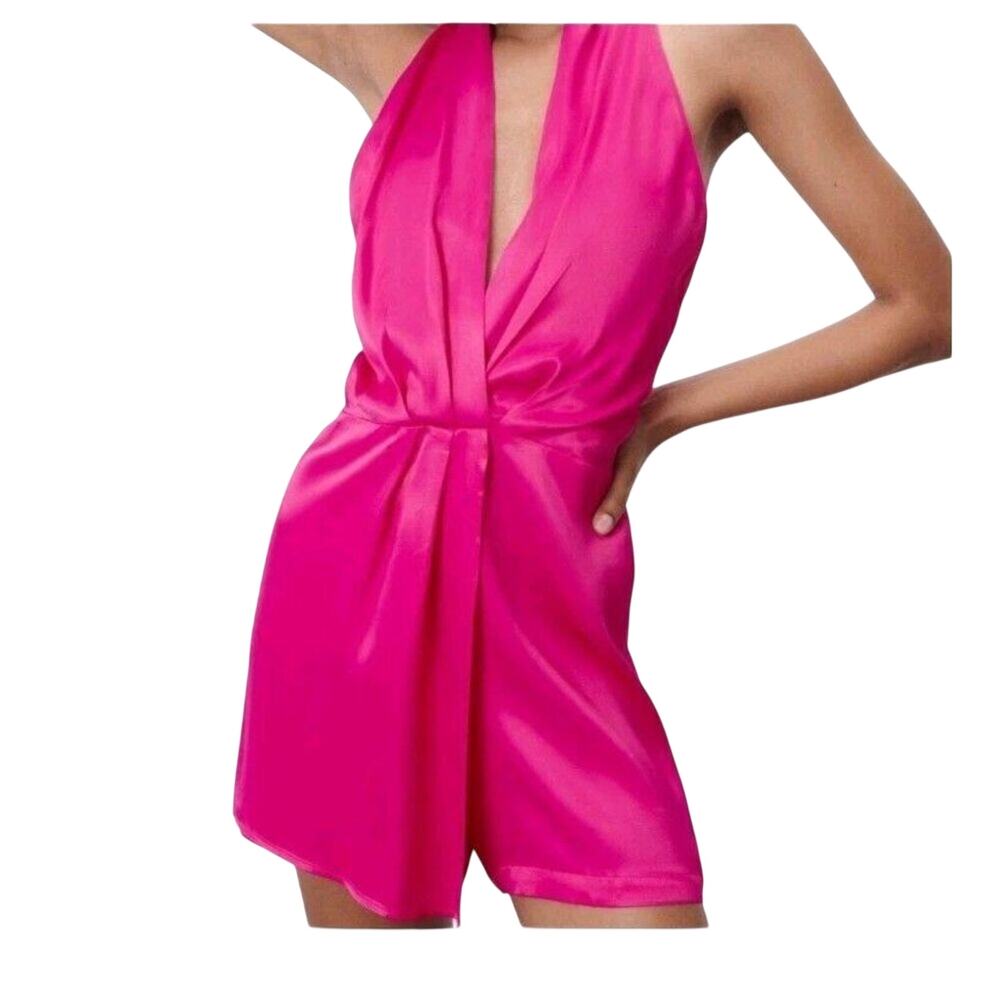 Zara Hot Pink Satin Halter Open Back Playsuit Romper S